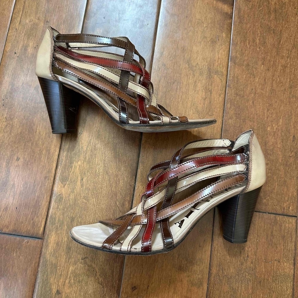 Bruglia Multicolor Strappy Peep Toe Chunky Heel Sandals Size 10